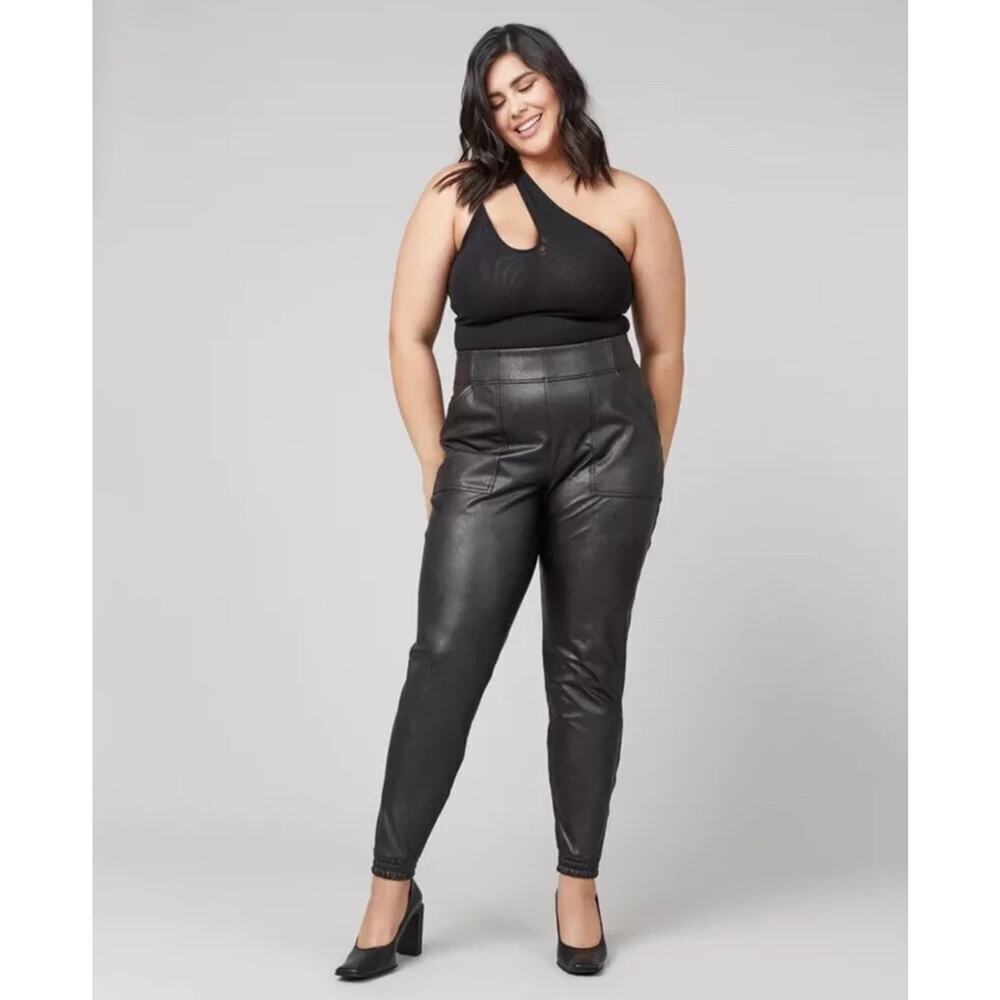 SPANX Faux Leather Jogger Pants XL‎ Pull-On Elastic Waist Pockets Black Vegan